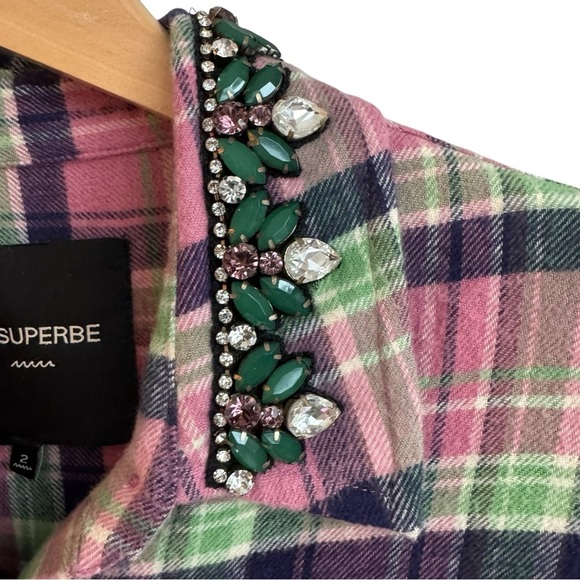 LE SUPERBE Rhinestone Collar Flannel Plaid Button Down Shirt | Cowgirl | Pink 2 - Picture 3 of 11